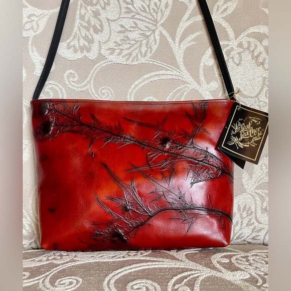 C.L. Whiting Handbags - C.L. Whiting VNTG Leaf Leather Hand Tooled Burgundy Shoulder Crossbody Purse NWT